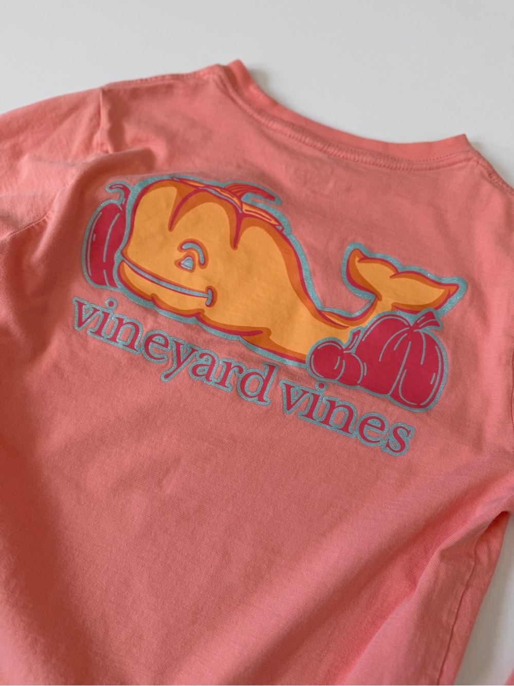 Vineyard Vines Kids Coral Tee with Pumpkin Whale Graphic